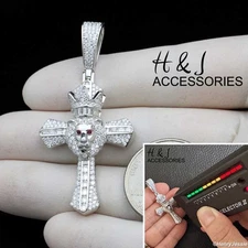MEN SOLID 925 STERLING SILVER MOISSANITE 3D LION HEAD CROWN CROSS PENDANT*SMP542