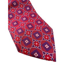 PAUL FREDRICK Red  Navy Blue Geometric Floral Italian Silk Neck Tie