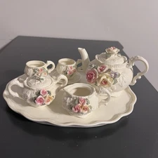 Vintage Miniature Ceramic Tea Set With 3D Pink And White Rose Accents With Tray