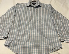 Paul Fredrick blue plaid cotton Non- Iron Ply Cotton Dress Shirt Size 15 1/2x34
