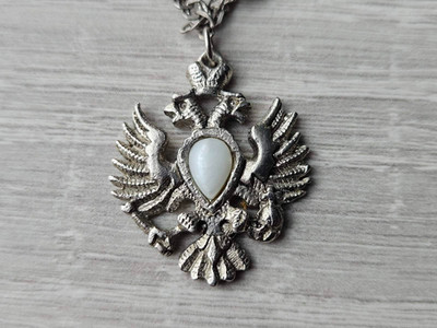 Vintage Double Headed Eagle Pendant Necklace Heraldic Style White Stone Charm