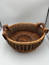 Vintage Large Woven Rattan Gathering Basket Wood Handles Boho Rustic Decor