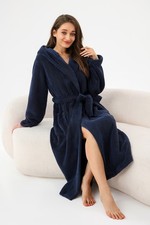 RONGTAI Womens Hooded Robe Long Plush Fleece Bathrobe With Pockets Nightwear S-X