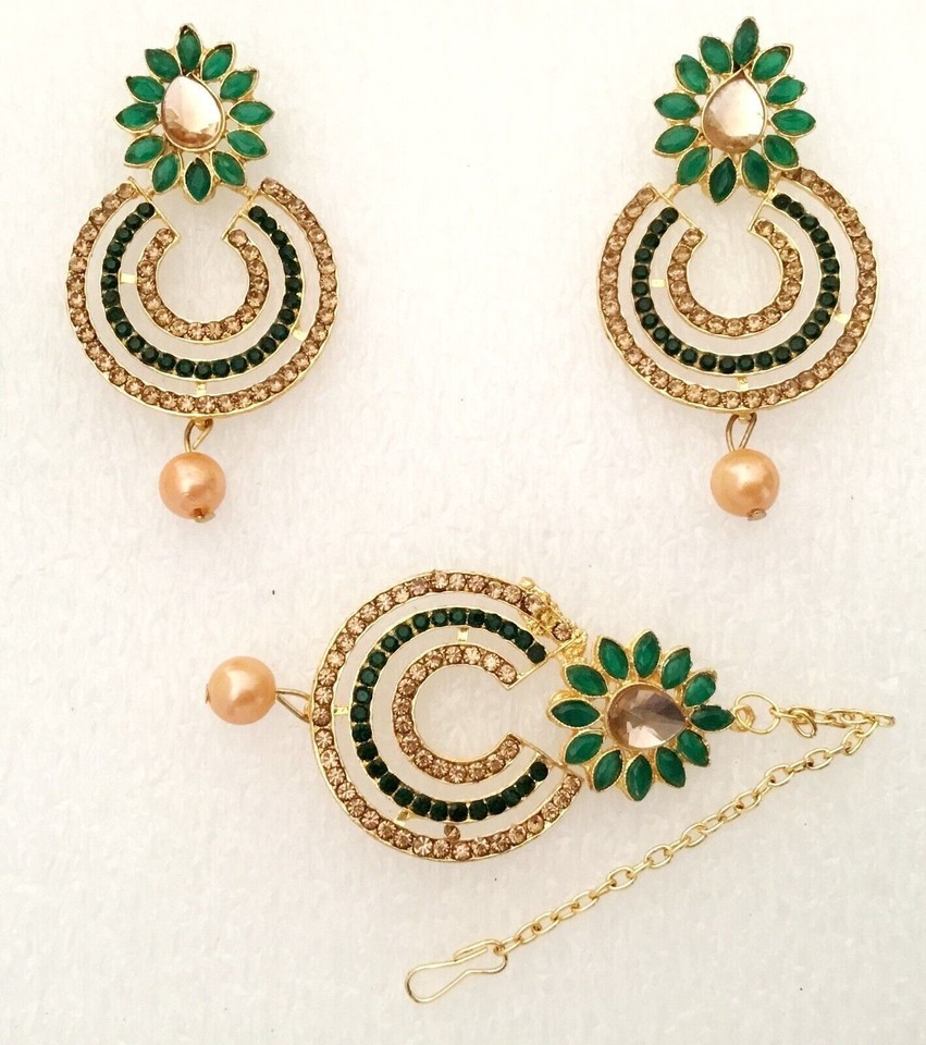Maang Tikka Indien Bollywood Perles Vertes Et Doré - Bijou Front, Ton Or