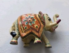 Marble Elephant Figurine Hand Painted / Carved Indian Art Trunk Up