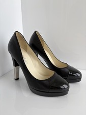 Chanel CC Logo Black Leather And Patent Cap Toe Pumps Heels Size 37C