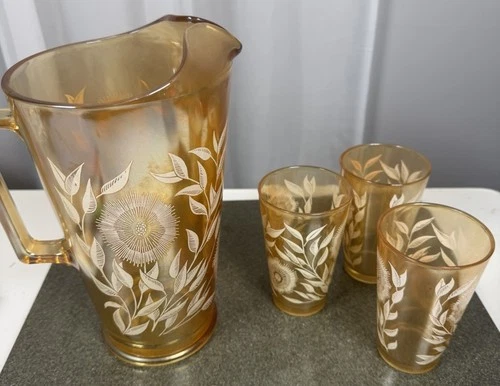 Carnival Pitcher and 3 Sunflower Vintage Marigold Jeanette Glasses