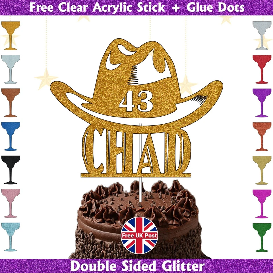 Mens Boys Cowboy Hat Personalised With Name and Age Birthday Cake Topper Decor - Image 2 of 2