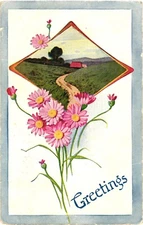 Picturesque Road, Beautiful Pink Flowers, Greetings, 1911 Postcard