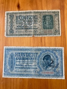 1942 WW2 German Occupied UKRAINE Karbowanez Banknote 50, 100