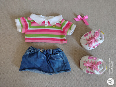 BABW Build a Bear Clothes Pink Green Stripe Polo Top Denim Skirt