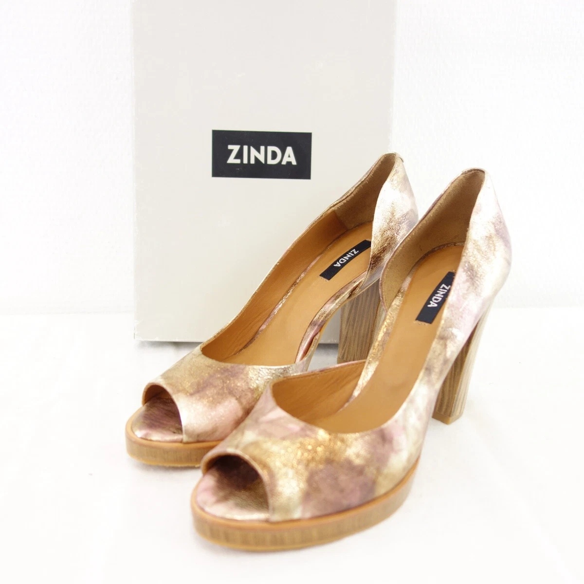 Zinda Women s Court Shoes Peeptoes Leather Metallic Rose Gold High Heel Size 40