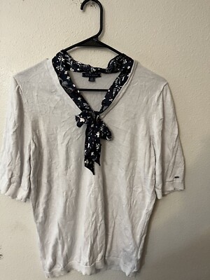 Tommy Hilfiger T-shirt Women Large White Flag Logo V Neck Tee Shirt Top