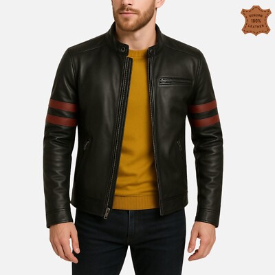 Men's leather Jacket Black Motorcycle Biker Real lambskin Genuine Coat 003