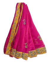 Vintage Pink  Yellow Georgette Dupatta: Hand Embroidered Indian Scarf LD7265