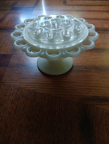 Vintage Anchor Hocking Milk Glass Pedestal Floral Bowl With Glass Flower Frog