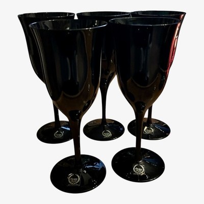 Vintage Calico Black Lead Crystal Wine Glasses Water Goblets Set of 5 Japan