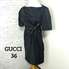 GUCCI Black Knee Length Dress Silk Waist Ribbon Size 36 From Japan 147371K Auth