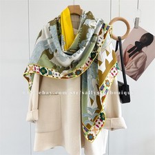 Sallys 70 Cashmere  30 Silk Wrap Scarf Castles Print 2 Face Shawl 53" Green