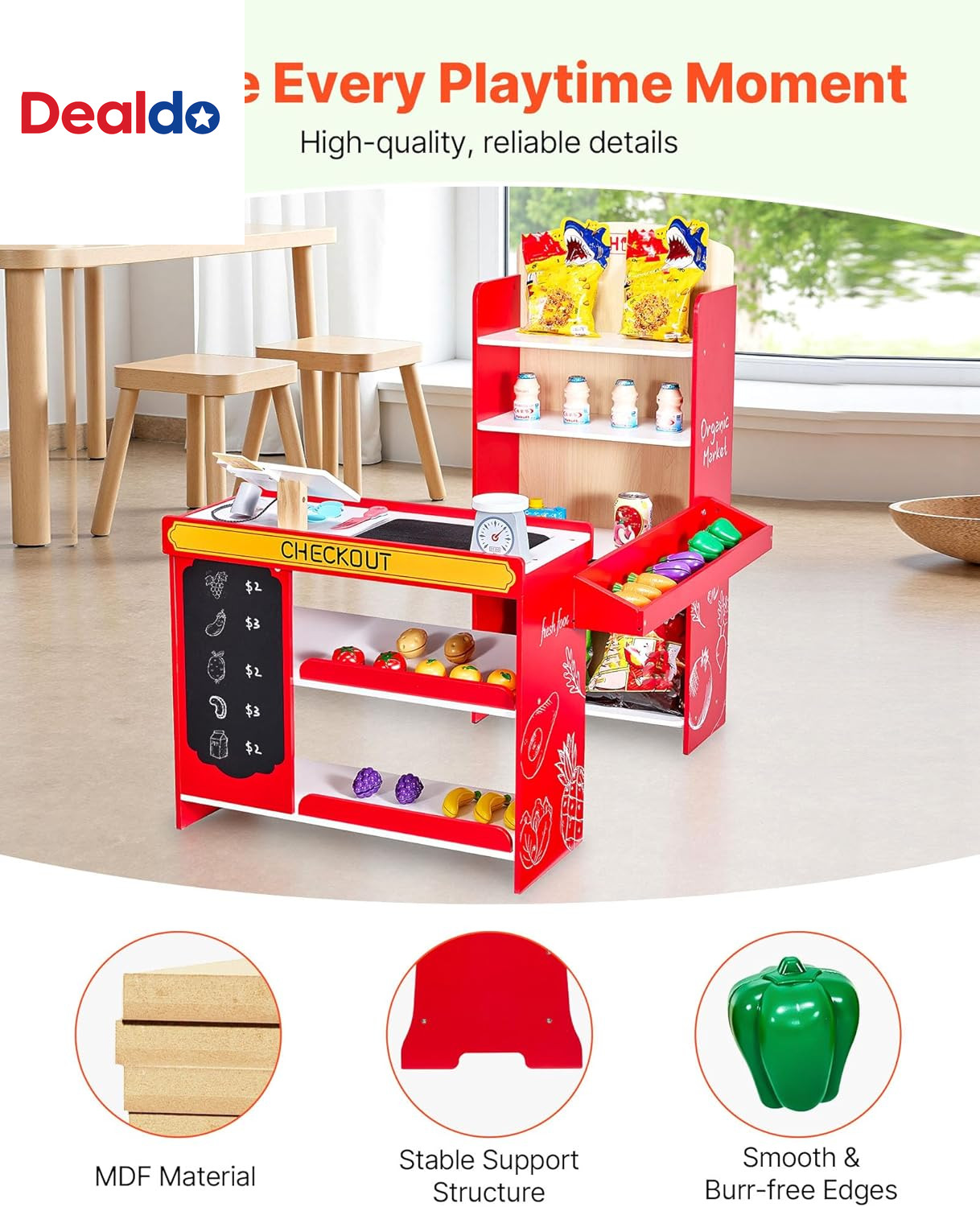 Kids Pretend Play Grocery Store, Wooden Supermarket Toy Set with Shopping Bag, C