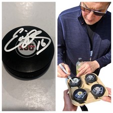 EDDIE OLCZYK SIGNED CHICAGO BLACKHAWKS 100 YEARS HOCKEY PUCK W/ CASE COA