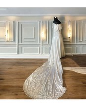 Wedding Dress Satin Lace Pearls Sequin And Long Train Optional Bow  Sleeves - M