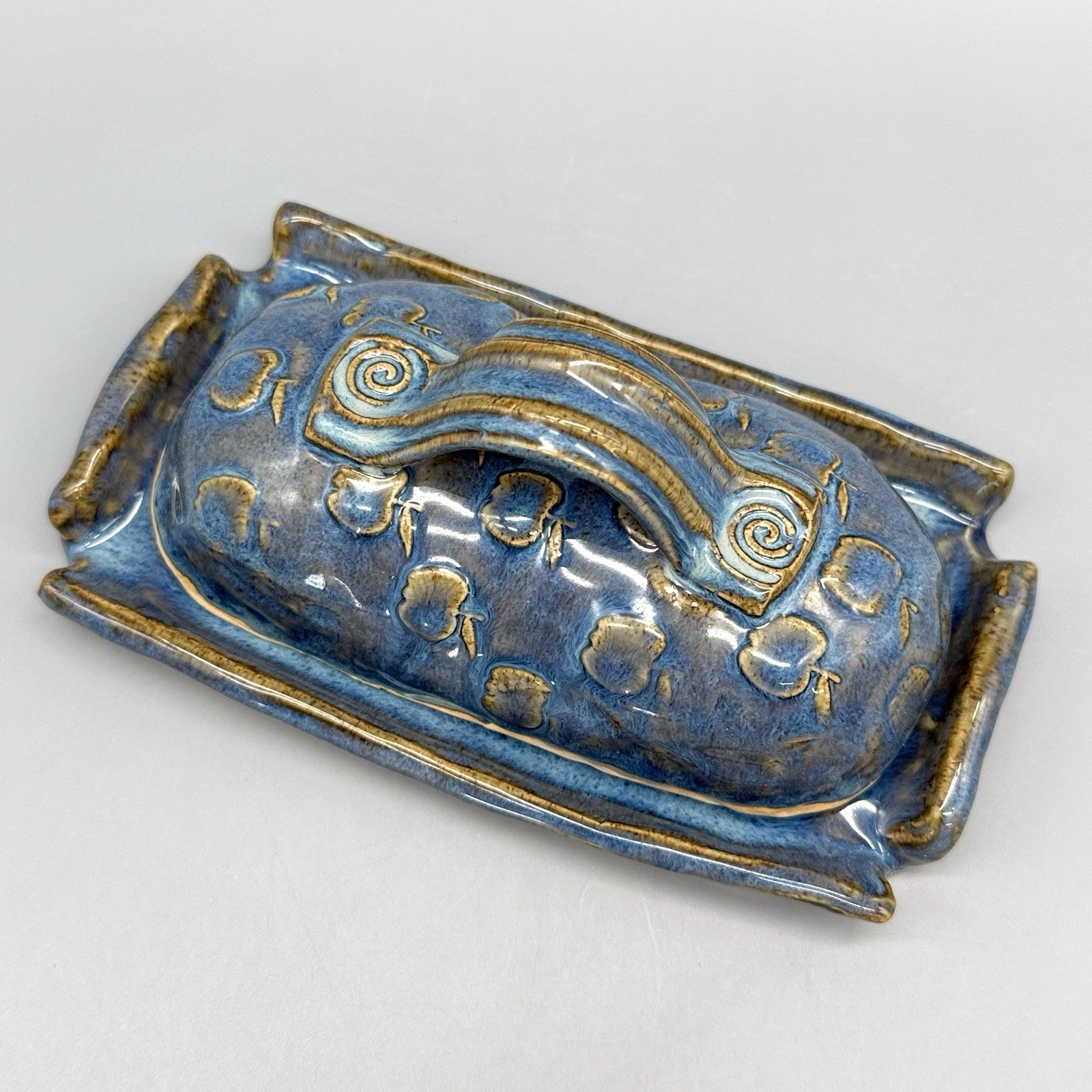 COVERED BUTTER DISH Stoneware Art Pottery Blue With Apples ~ SIGNED