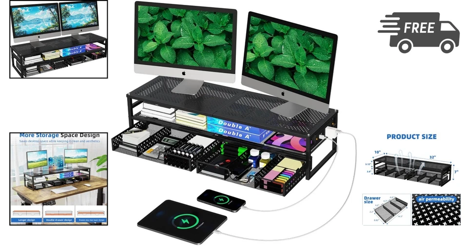 Dual Tier Monitor Stand Riser with USB Charging and Storage Organizer - Image 2 of 4