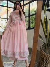 Women's Cotton Embroidered Anarkali Kurta Pant Dupatta Set Flared Gown Suit