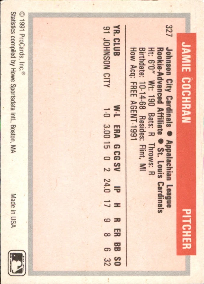 Jamie Cochran 1991-92 ProCards Tomorrow's Heroes #327 RC Johnson City Cardinals - Image 2 of 2