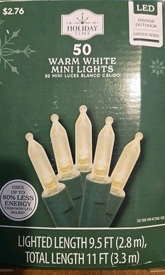 Holiday Time - 50 LED Warm White Mini Lights Green Wire 11.3 ft Long. NEW