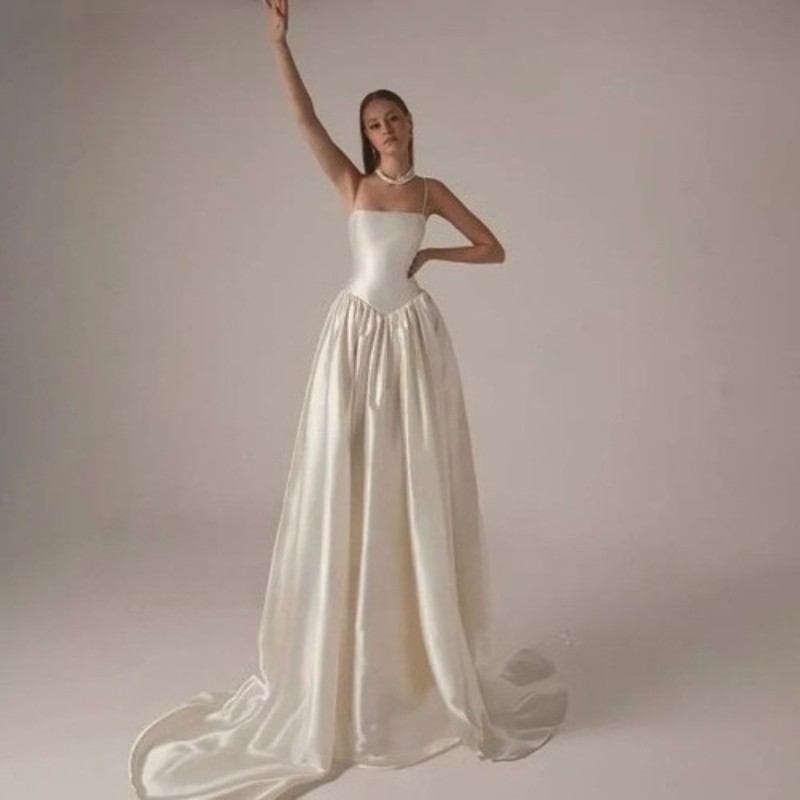 a line spaghetti strap wedding dress Lace Straps V Neck A-line With Sweep Train C0023 Crafted from lightweight tulle Spaghetti Strap Wedding Dress |