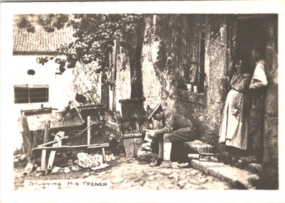 1918 Photo U.S. AEF Doughboy Studying His French Villagers On Doorstep