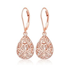925 Sterling Silver Heart Filigree Teardrop Earrings for Women Dangle Drop Le...