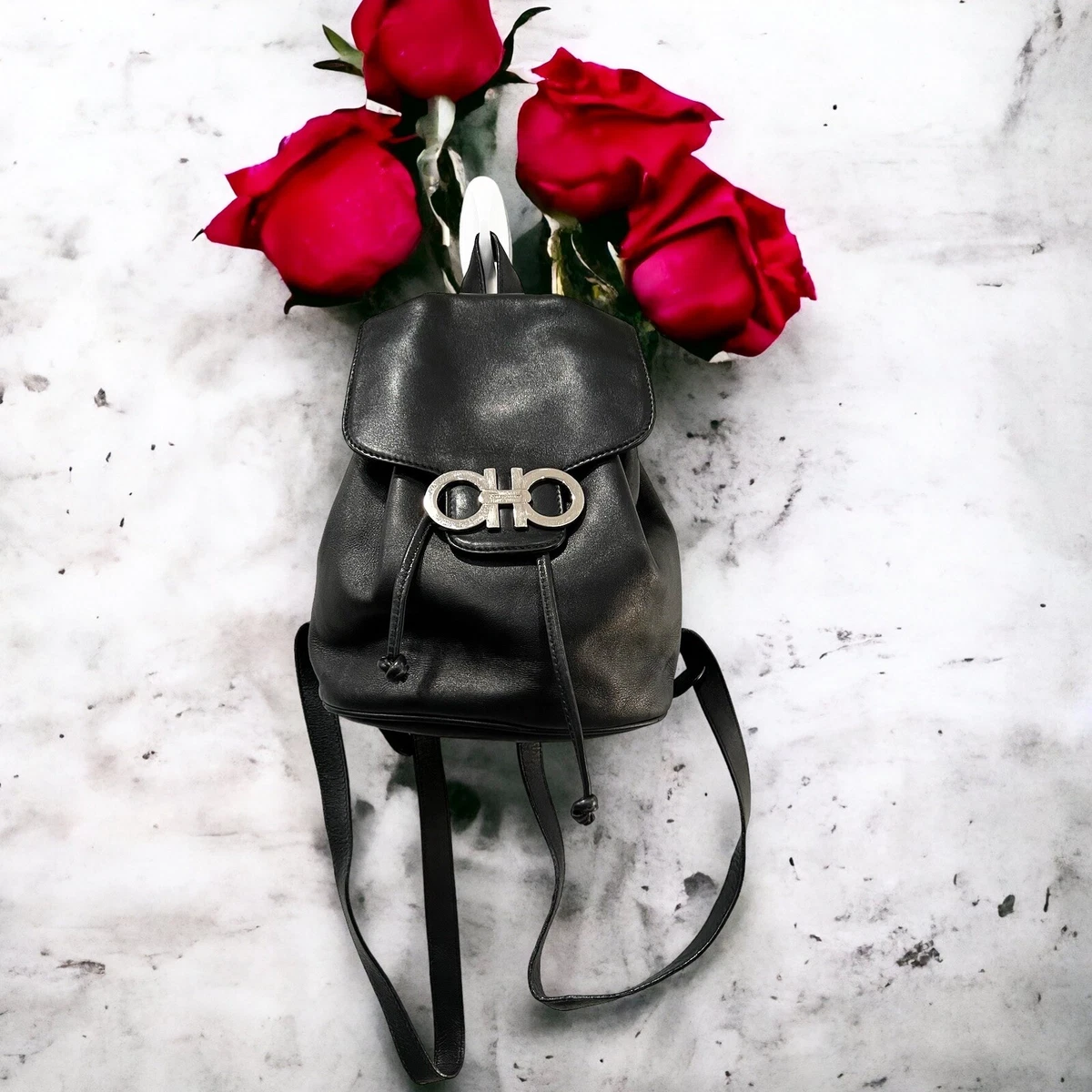 Salvatore Ferragamo Gancini Mini Backpack Black/Silver Leather | eBay