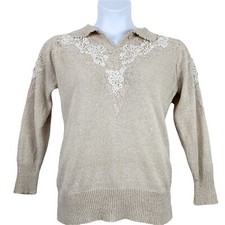 Vintage Sweater Sz Medium V Neck Mariea Kim Lace Beaded White Cream Long Sleeve