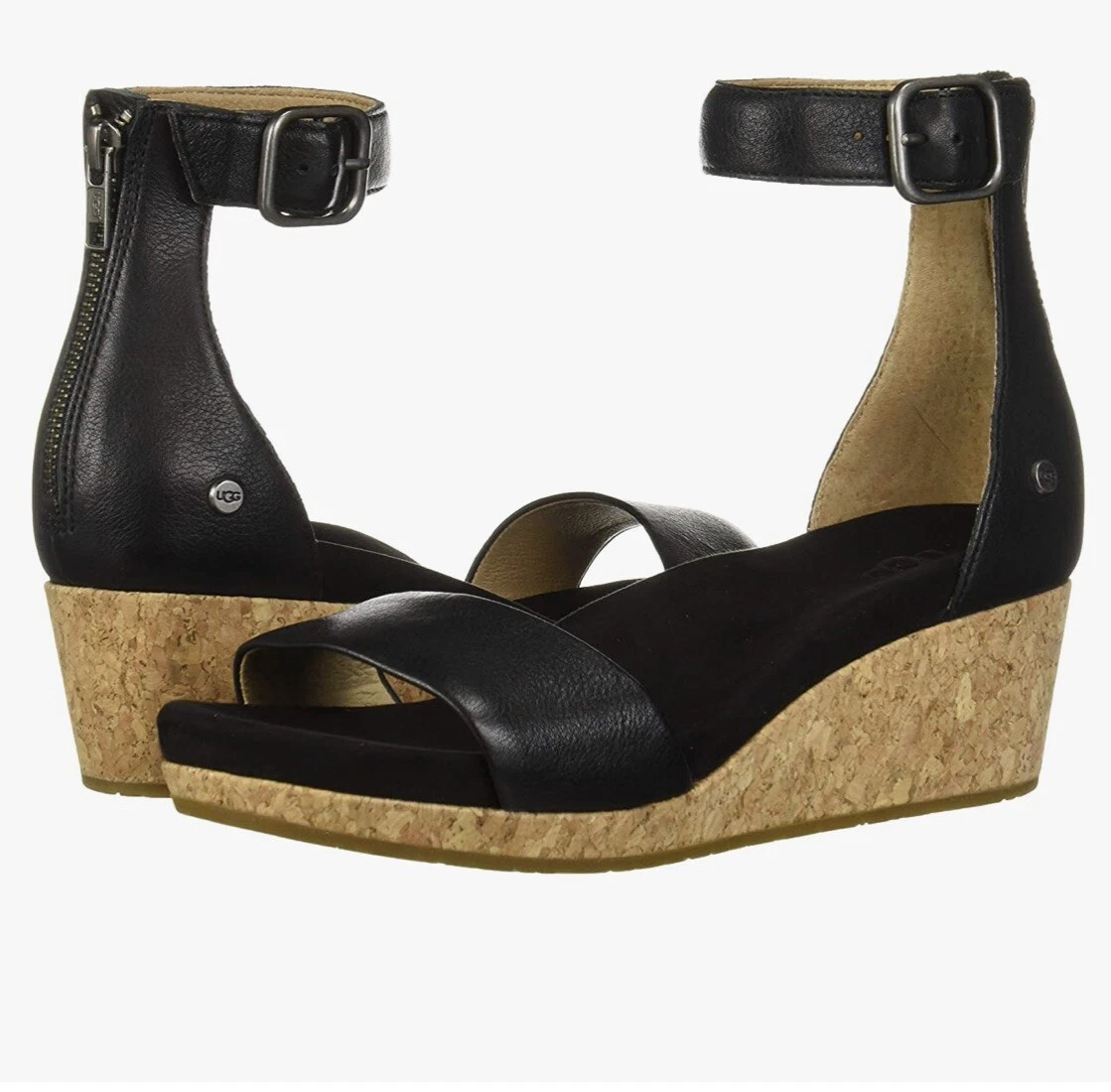 SANDALI DONNA UGG ZOE II NERI PELLE ZEPPA CINTURINO ALLA CAVIGLIA SUGHERO US 6 NUOVI