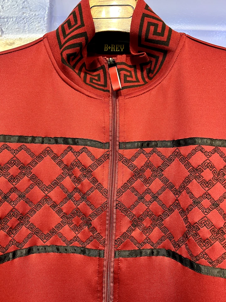 New Men's Burgundy Greek Key Track Jacket Zip Up Designer Pattern Streetwear - Image 2 of 4