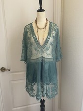 L New Teal Lace Crochet Boho Folk Tunic Blouse Top Cover-Up Womens Size LARGE OS