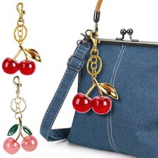 Cherry Bag Charm Keychain Glitter Resin  Brass Metal, Red Apple Accent