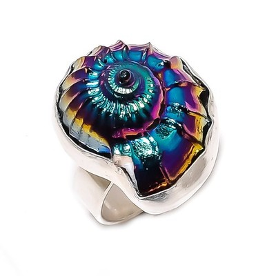 Natürlicher Ammonit Fossil Edelstein 925 Sterling Silber Schmuck Ring Größe 7 Geschenk e6