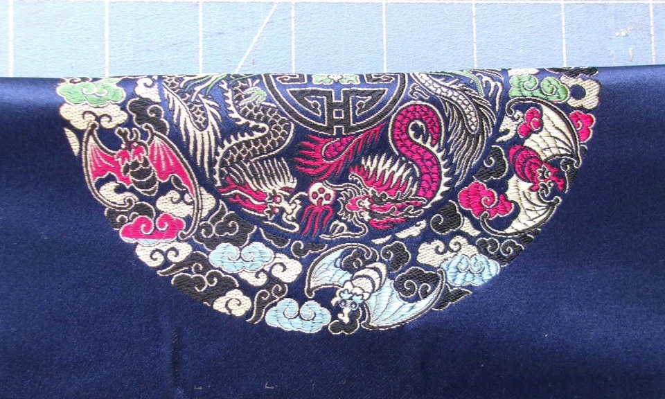 Blue Brocade Fabric 6.5 yd x 30 Asian Chinese Medallion Jacquard Navy Faux Silk - Image 4 of 4