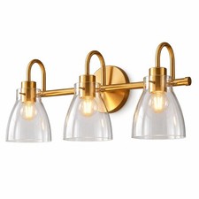 Brushed Brass Bathroom Vanity Light, Three-Light Clear Glass Shades
