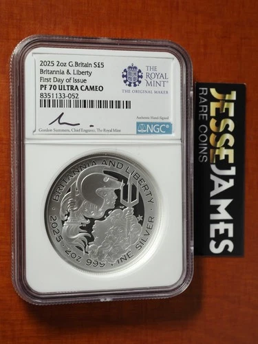 2025 £5 GREAT BRITAIN PROOF SILVER LIBERTY BRITANNIA NGC PF70 FDI SUMMERS 2 OZ