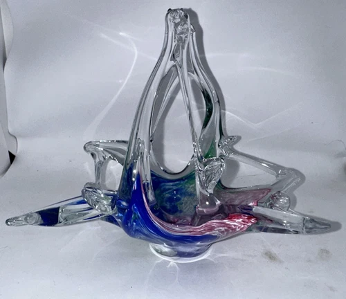 Vintage Murano art glass hand blown basket  7" height x 6 " wide