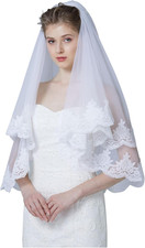 Wedding Bridal Veil with Comb 2 Tier Floral Lace Applique Edge