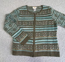 Talbots Cardigan Sweater Women  s LP Lambswool Fair Isle Beaded Nordic Cozycore