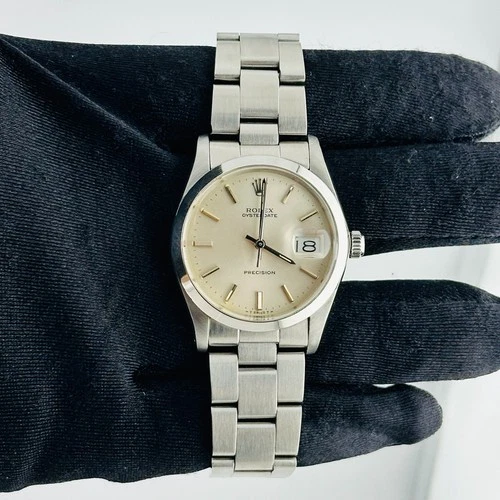 #37 Rolex 34mm OysterDate Precision Silver Dial Vintage Steel Men's Watch 6694