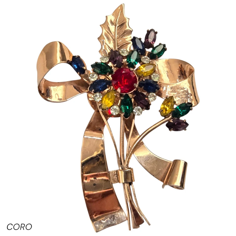 book piece 1940s CORO STERLING ROSE GOLD RHINESTONE Flower PIN - Image 2 of 4