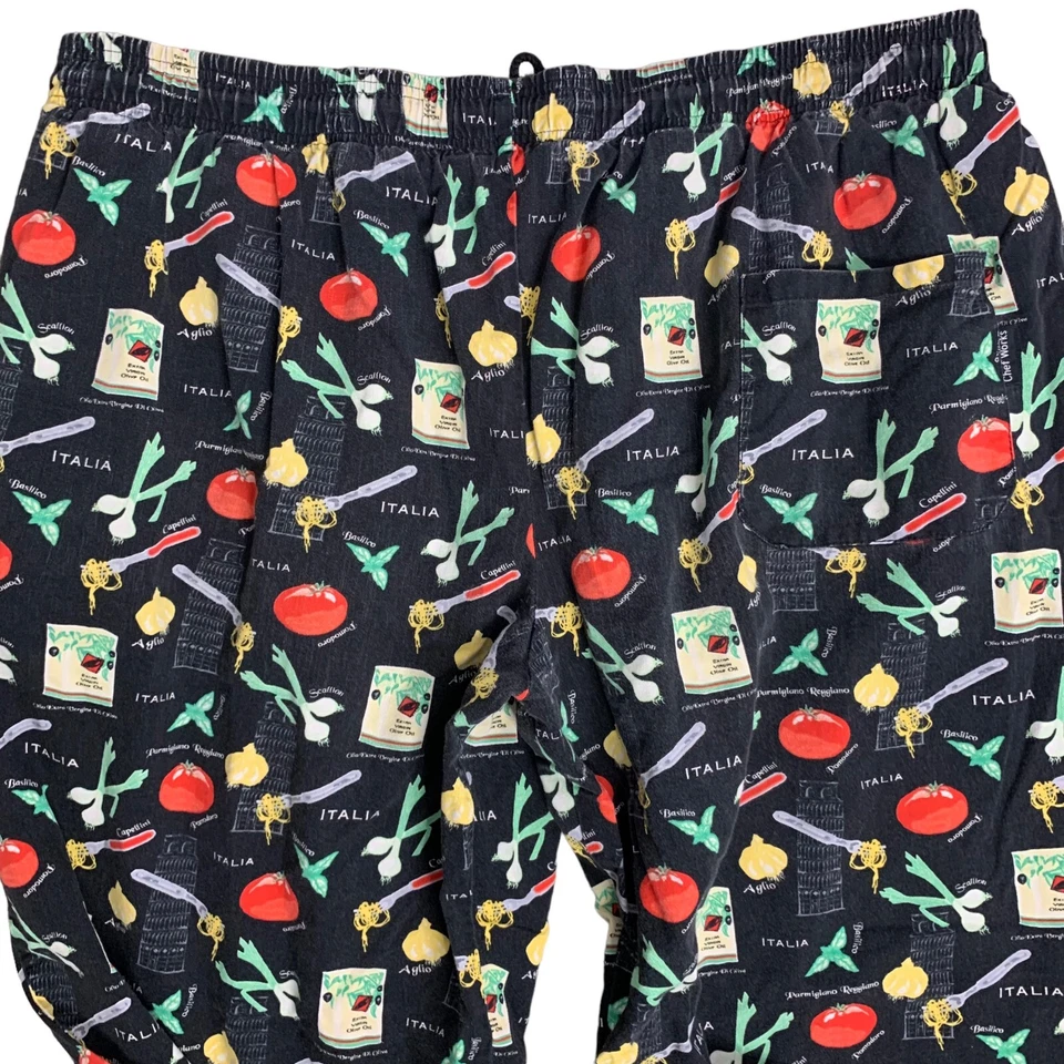 Vintage Chef Works Pullon Pants 3XL Black Vegetables Elastic Drawstring Pockets - Image 4 of 4